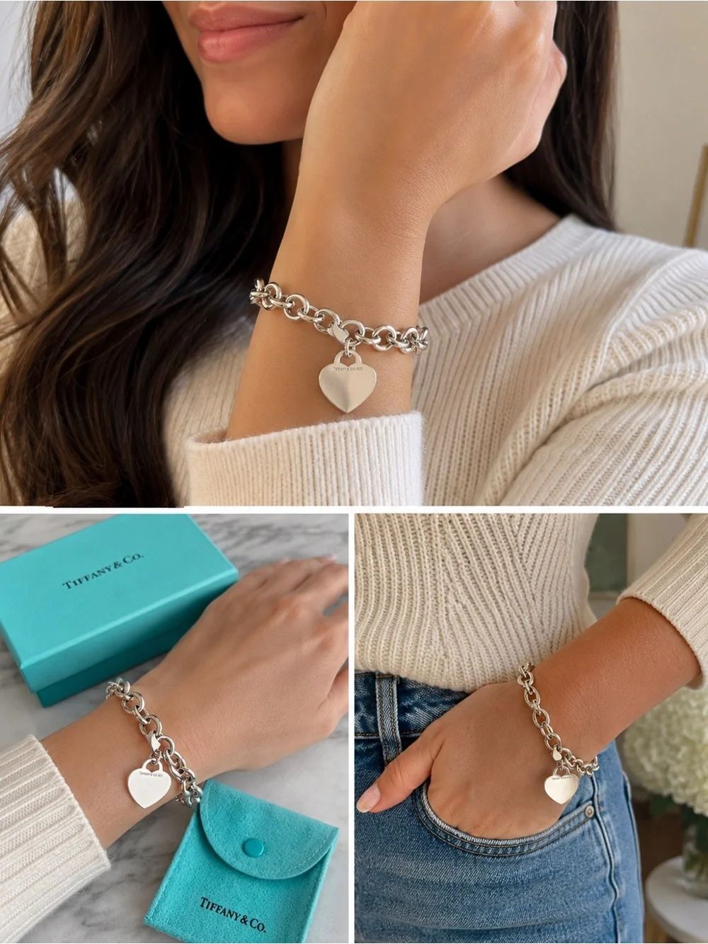 Tiffany & Co. Silver Heart Tag Charm Bracelet with Tiffany Blue Pouch